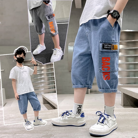 CAIXIA Boys Jean Shorts Straight Leg Washed Denim Shorts Knee Length Elastic Wasit Cargo Jorts Soft Cotton Relaxed Fit School Bermuda Shorts Multipockets Vintage Streetwear