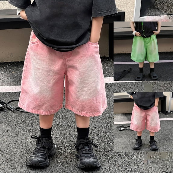 CAIXIA Boys Jean Shorts Straight Wide Leg Stretch Denim Shorts Knee Length High Waisted Sweat Jorts Loose Fit Y2k Trendy School Bermuda Shorts Streetwear with Pockets for Kids