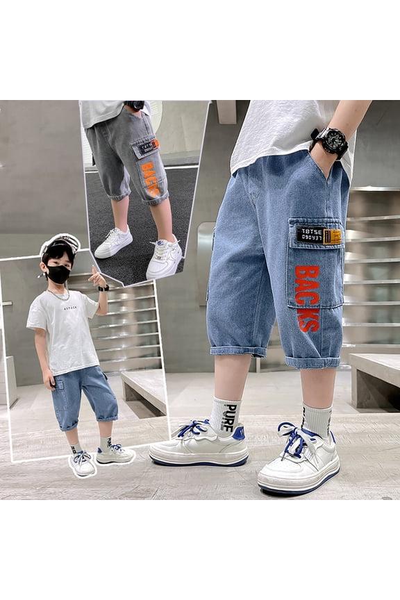 Boys Jean Shorts Wide Leg Demin Shorts for Kids Knee Length Baggy Elastic Waist Baggy Jort Oversized Husky School Bermuda Shorts Streetwear Jeans