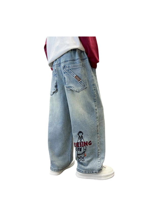 Boys Jeans Baggy Straight Leg Blue Denim Pants Trendy Boyfriend School Trousers Elastic High Waisted with Pockets for Back To School