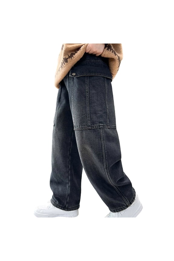 Boys Jeans Baggy Straight Wide Leg Washed Denim Pants Oversized Husky Harem Trousers Mid Rise Elastic Band Summer School Jean Bottom