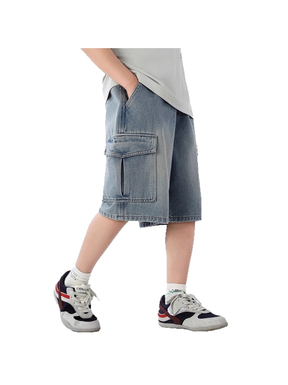 Boys Jeans Shorts Baggy Straight Leg Denim Shorts Knee Length Baggy Elastic Waist Baggy Jort Fashion Casual School Bermuda Shorts Multipockets Vintage Streetwear