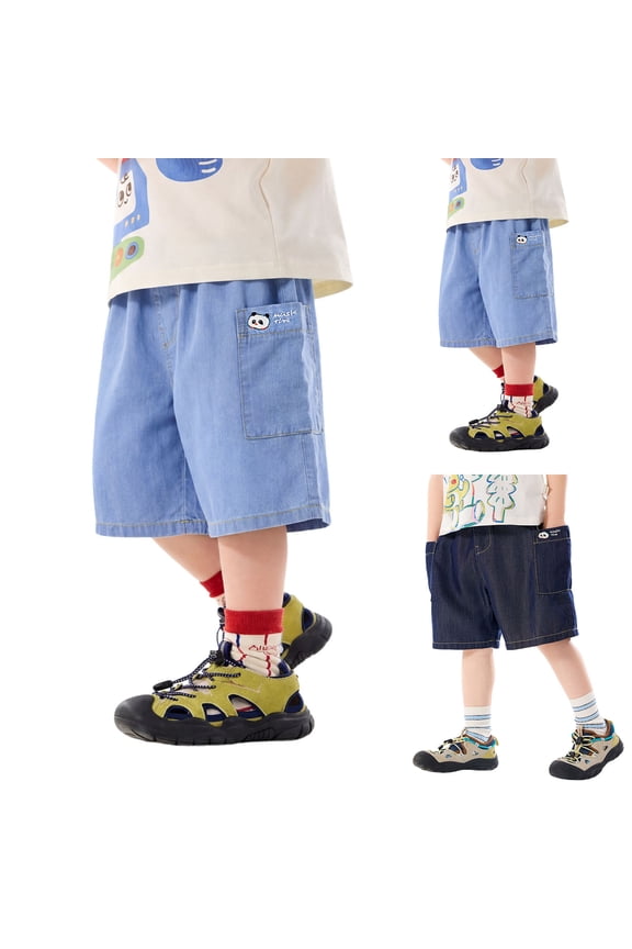 Boys Jeans Shorts Baggy Wide Leg Cargo Denim Shorts Knee Length Elastic Wasit Jorts Kids Baggy Loose Fit School Bermuda Shorts Streetwear Preppy Clothes with Pockets