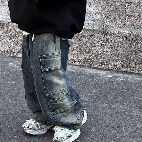 CAIXIA Boys Jeans Straight Wide Leg Stretch Denim Pants Loose Casual Cargo Trousers Ripped High Waist Summer School Jean Bottom