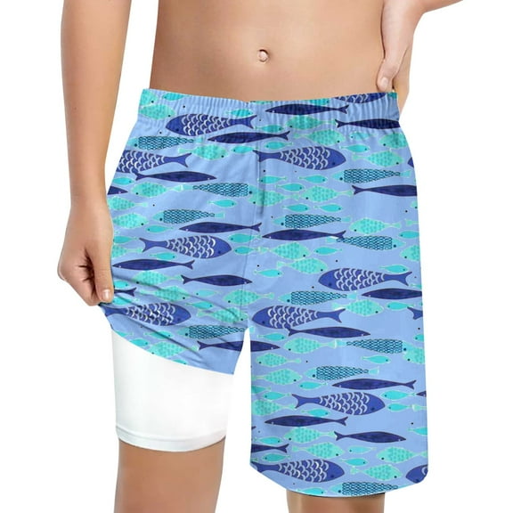 CAIXIA Boys Swim Trunks Size 12 with Compression Liner Beach Shorts Drawstring Funny Print Toddler Bathing Suit Soft Boxer Brief Swimsuit