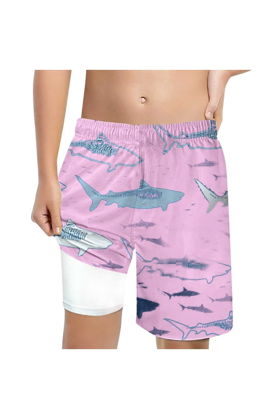 Boys Swim Trunks with Compression Boxer Liner Shorts Drawstring Waist Cute Print Boys Bathing Suit Lightweight Swimwear for Teens