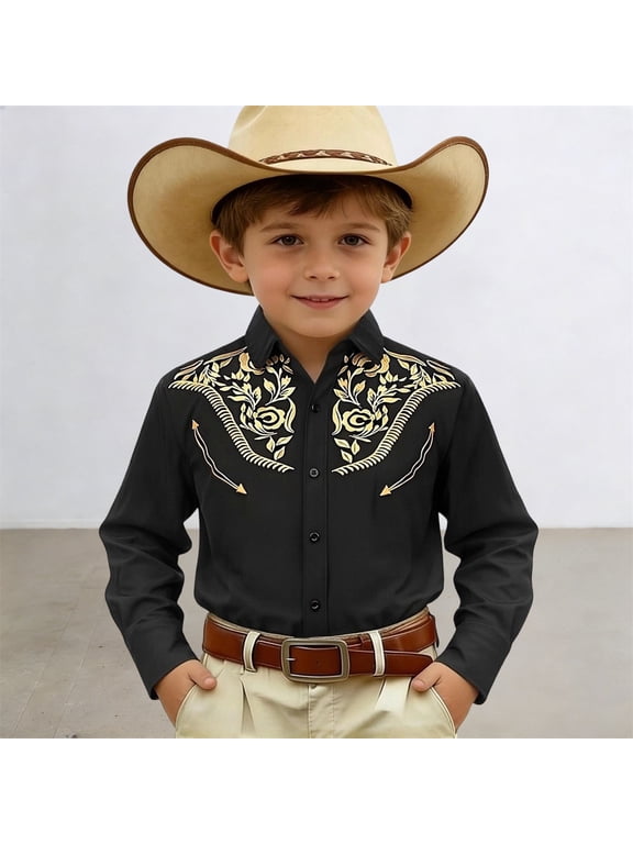 Boys Western Shirt Embroidered Pearl Snap Button Down Cowboy Short/Long Sleeve Shirts