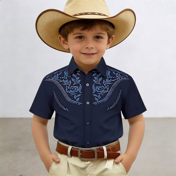 CAIXIA Boys Western Shirt Embroidered Pearl Snap Button Down Cowboy Short/Long Sleeve Shirts