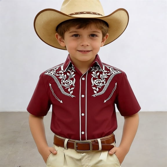 CAIXIA Boys Western Shirt Embroidered Pearl Snap Button Down Cowboy Short/Long Sleeve Shirts