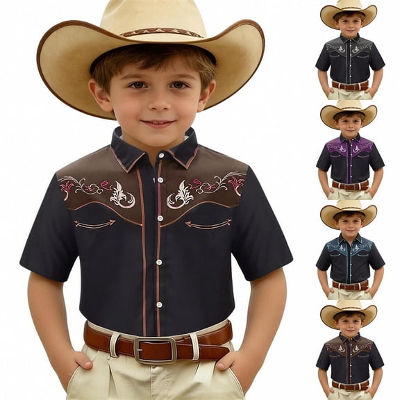 CAIXIA Boys Western Shirt Embroidered Pearl Snap Button Down Cowboy Short Sleeve Shirts