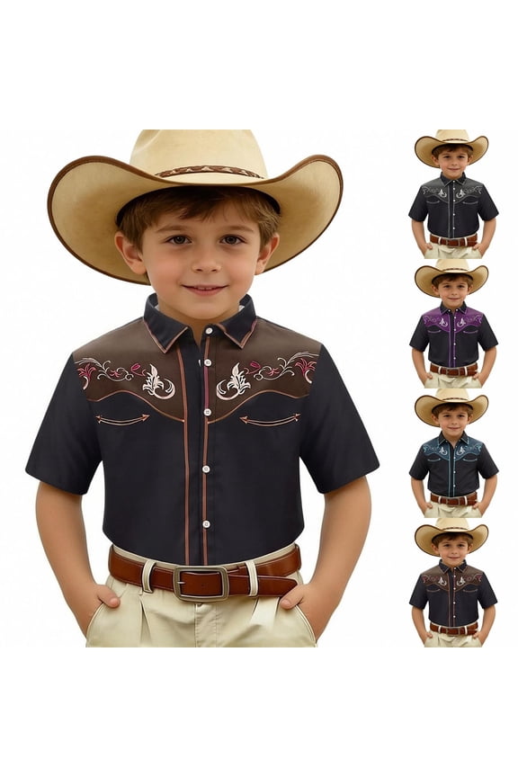 CAIXIA Boys Western Shirts Western Baby Boy Clothes Short Sleeve Pearl Snap Button Down Cowboy Shirt Toddler Kids Retro Country Tops