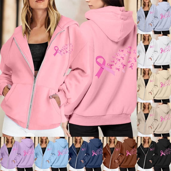 CAIXIA Cancer Hoodies for Women Graphic Zip Up Fashion 2026 Trendy Tops Long Sleeve Going Out Graphic Sweatshirts for Women Drawstring Jacket with Pockets Airport Outfits for Women 2026