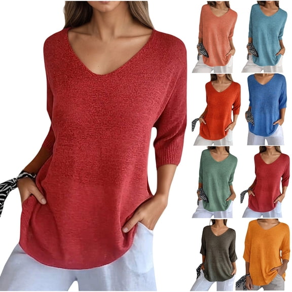 CAIXIA Cable Knit Sweater Women Effortless Casual Knit Top For | Solid Pullover With 3/4 Sleeves And V Neck Lightweight Sweater Womens Clothing