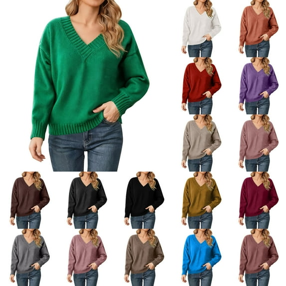 CAIXIA Cable Knit Sweater Women Solid Color Oversized V Neck Casual Versatile Knitted Pullover Sweater Soft Comfortable Everyday Wear For Fall Winter Fashion Sweatshirts For Women
