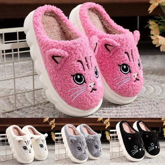 CAIXIA Cat Kids Fuzzy Slippers for Boys Girls with Memory Foam Lined Novelty Print Non- Sole Kids House Slippers Warm Winter Big Kids Indoor/outdoor Wear Baby Girl Gifts