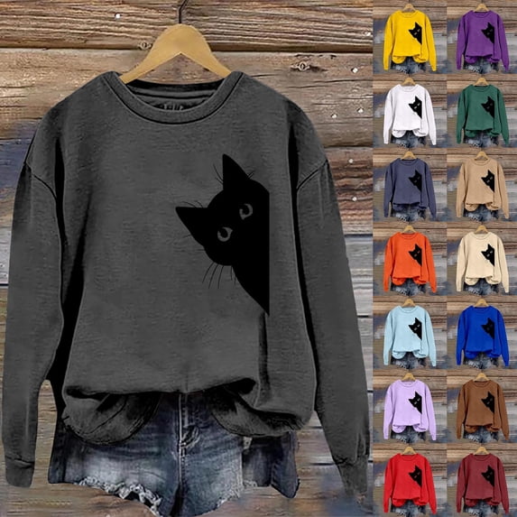 CAIXIA Cat Sweatshirts for Women Quality Soft Crew Neck Workout Tops Long Sleeve Pullover Graphic Womens Oversized Hoodies Graphic Winter Clothing 2026