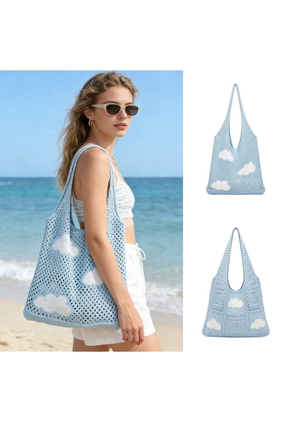 Cloud Pattern Handmade Woolen Knitted Tote Bag Versatile Shoulder Handbag For Daily Casual Use