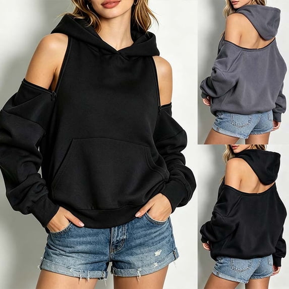 CAIXIA Cold Shoulder Womens Hoodies Fall Pullover Lined Quality Soft Long Sleeve Sweaters Top Funny Graphic Women's Sweatshirts with Kangaroo Pocket Fall Basic Clothes 2026