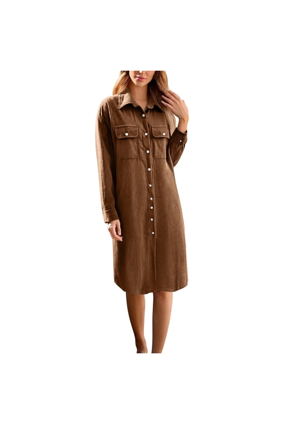 Corduroy Dress Women Midi Fall Vintage Long Sleeve Shirt Dress Business Casual Collared Button Up Tunic Work Dresses,Brown