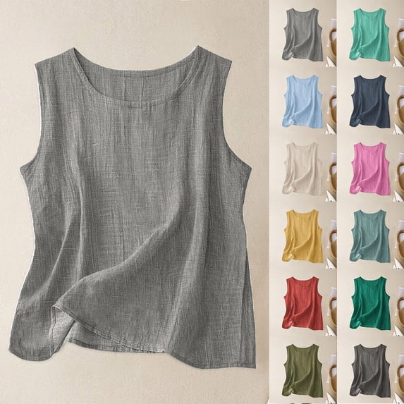 CAIXIA Cotton Linen Tank Tops for Women Casual Loose Camisole Sleeveless Gauze Shirts Plus Size Boho Spring Summer 2026 Clothing,Dark Green