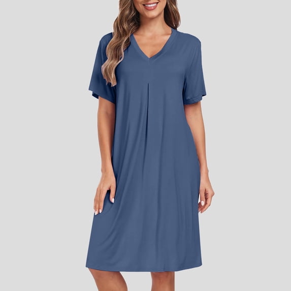 CAIXIA Cotton Nightgowns for Women Short Sleeve Sleep Shirts T-Shirt Dress V Neck Nightshirt