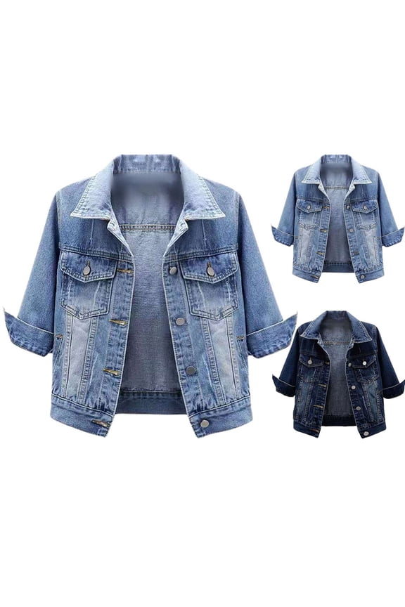 Cropped Jacket Women Trendy Short Sleeve Lapel Neck Colored Denim Shacket Button Down Bomber Trucker Jean Jackets