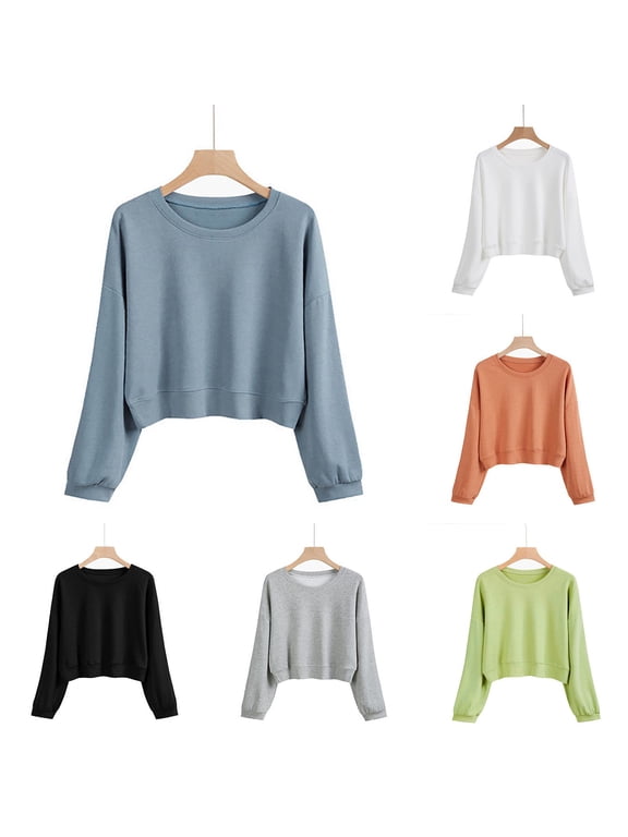 Cropped Sweatshirts for Women Cotton Long Sleeve Crop Tops Crewneck Pullover Oversized Sweater