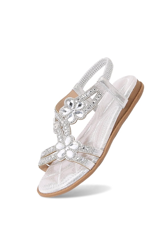 Dressy Sandals for Women Elegant Glitter Flat Sandals for Women Summer Sparkling Rhinestone Slingback Beach Shoes with Soft Sole and Elastic Band,Silver