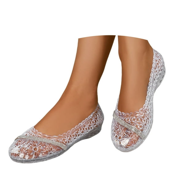 CAIXIA Dressy Sandals Women Women's Breathable Mesh Ballet Flat Sandals On Hollow Jelly Beach Shoes Lightweight Comfortable Summer Casual Loafers,White