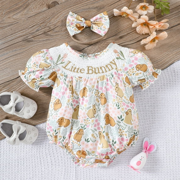CAIXIA Easter Baby Girl Dresses Infant Girls Easter Cartoon Print Romper Set, Short Sleeve Bodysuit with Headband Easter Garden Party Outfit