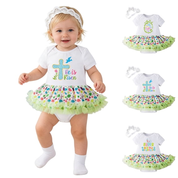 CAIXIA Easter Bunny Baby Girl Bodysuit Infant Toddler Easter Bunny Egg Print Romper Dress, Bow Headband Outfit Easter Photo Shoot Playwear Set