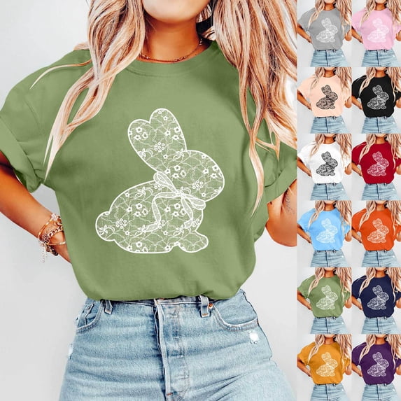 CAIXIA Easter Day Shirt Women Women T Shirts Cotton Rabbit Graphic Tees Round Neck Easter Gifts Short Sleeve Tshirts Tops