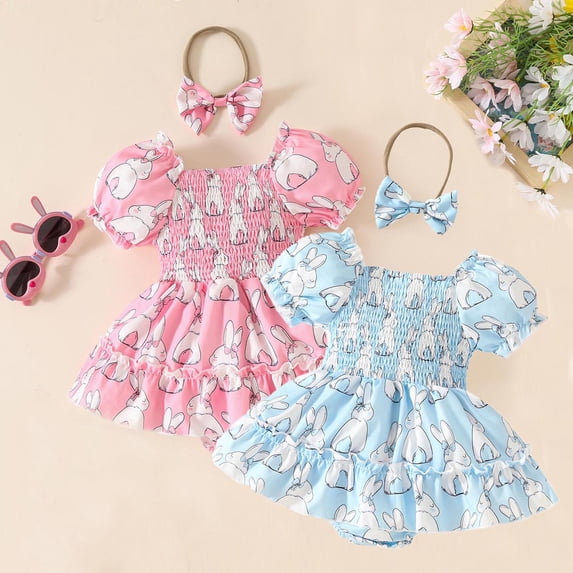 CAIXIA Easter Dresses For Girls Baby Girl Easter Outfit Ruffles Sleeve Bunny Carrot Printed Romper Dress with Headband Summer Clothes