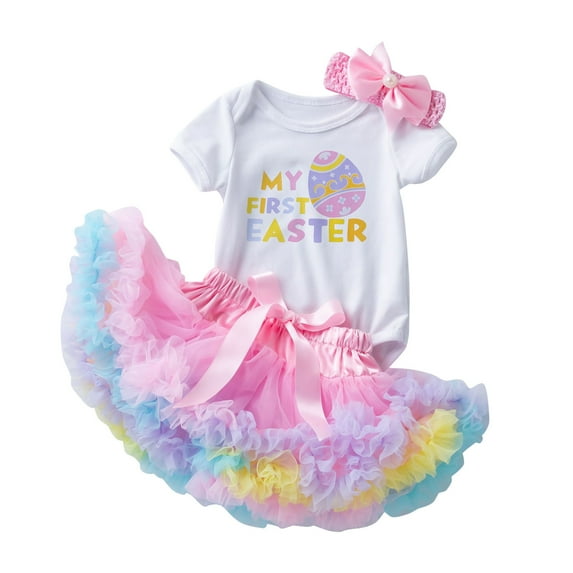CAIXIA Easter Dresses Girl Bodysuit 3 Years Infant Newborn Easter 3PCS Outfit, Short Sleeve Letter Cartoon Romper Bow Tutu Skirt Headband Egg Hunt Set