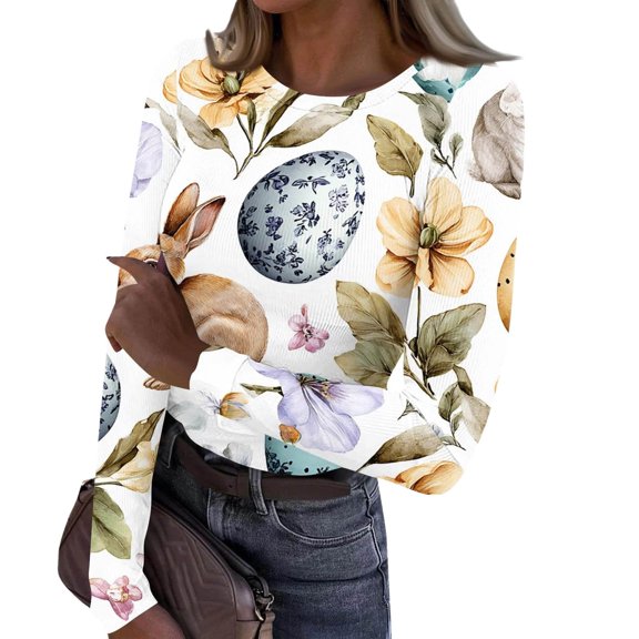 CAIXIA Easter Shirts For Womens Cute Patterned Underscrubs Cotton Ribbed Knit Scrub Tops Christmas Fall Fashion Pattern Going Out Tops,31-White