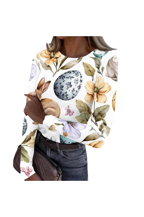 Easter Shirts For Womens Cute Patterned Underscrubs Cotton Ribbed Knit Scrub Tops Christmas Fall Fashion Pattern Going Out Tops,31-White