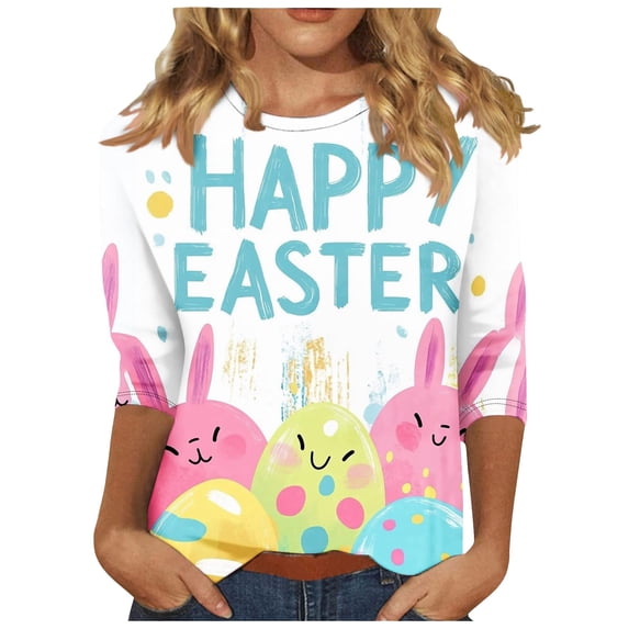 CAIXIA Easter Shirts for Women 3/4 Sleeve Letter Graphic Bunny Tee Crew Women T Shirts Cotton Funny Easter Bunny Womens Tops Casual