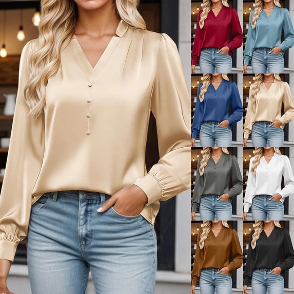 CAIXIA Elegant Satin Long Sleeve Blouse with V-Neck Collar and Details for Fashionable Women's Wear Plus Size Blouses For Women,Navy