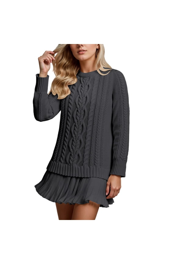 Fall Dresses for Women 2025 Cable Knit Sweater Dress Crewneck Long Sleeve Pleated Mini Dress Twofer Style Patchwork Dress,Black