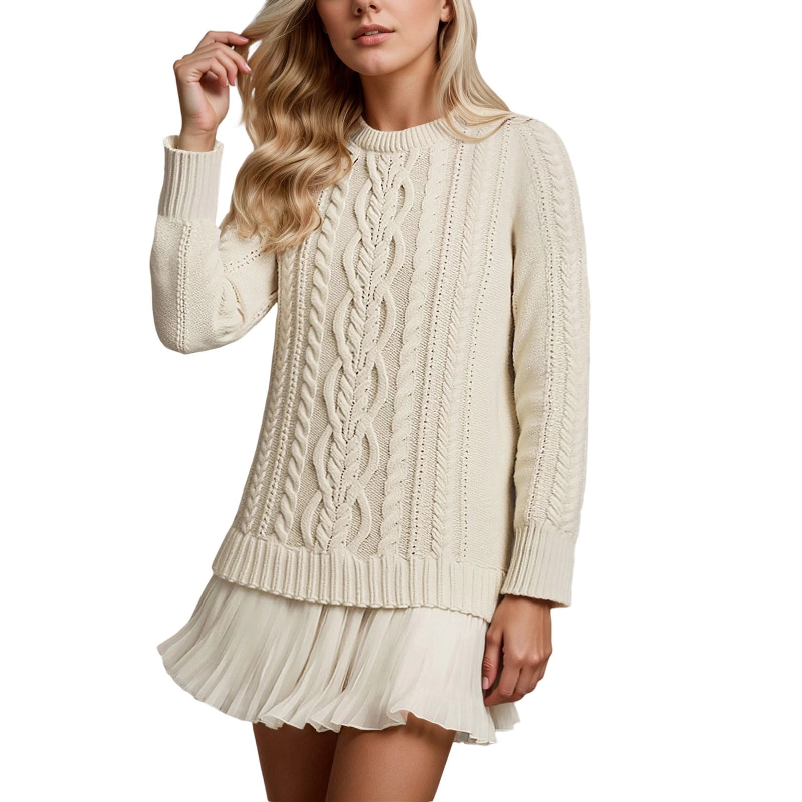 Pleated Mini Dress Women Long Sleeve Casual Fall Winter Women's Cable Knit  Sweater Dress With Pleated Skirt - Long Sleeve Crewneck Twofer Mini Dress  Pleated Twofer Patchwork Dress