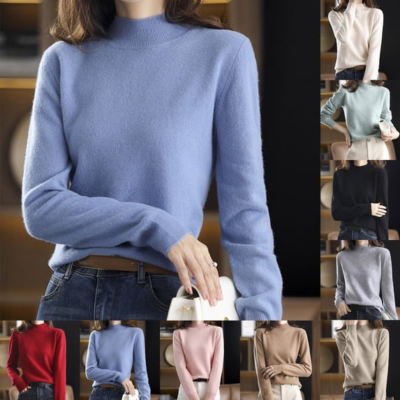 CAIXIA Fall Sweaters For Women Half High Neck Thick Knit Short Pullover Tops Long Sleeve Basic Clothes Solid Shirts Casual Work Outfits Fall Winter Clothes,Khaki