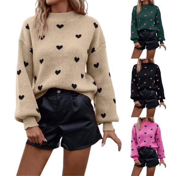 CAIXIA Fall Sweaters For Women Heart Print Crewneck Long Sleeve Pullover Tops Soft Basic Clothes Loose Shirts Fashion Work Outfits Fall Winter Clothes,Dark Green