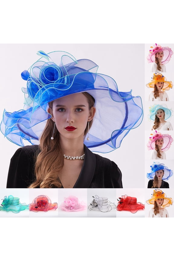 Fascinator Hat Women Organza Veil Feather Tea Party Hats Church Hats Adjustable Wide Brim Fascinator Derby Hats Flower Bridal Shower Hat