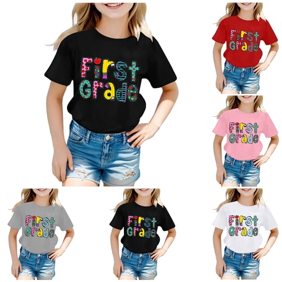 CAIXIA First Day Of School Clothes for Girls Happy Kindergarten 1st Grade Cotton T-Shirt Back To School Shirt Kids Girl Short Sleeve Graphic Tee Tops Kids Cotton Summer Top