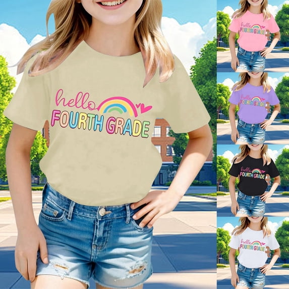 CAIXIA First Day Of School Shirt Toddler Boy Hello Kindergarten First/second/third Grade T-Shirt Back To School Gift Tee Short Sleeve Shirts School Tee Top Girl Summer Clothes