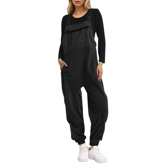 CAIXIA Fleece Overalls Women 2028 Warm Winter Casual Loose Jumpsuits Sherpa Bib Overalls Fuzzy Ski Pants with Pockets,Black