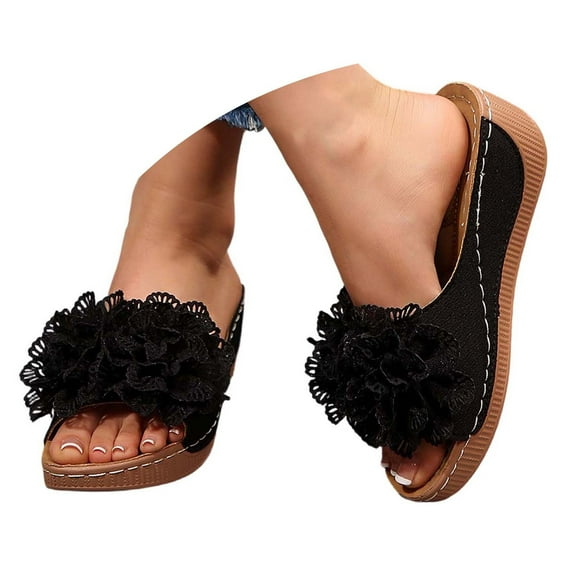 CAIXIA Floral Sandals Summer Platform Sandals for Women Open Toe On Floral Design Breathable Wide Width Casual Beach Footwear,Black