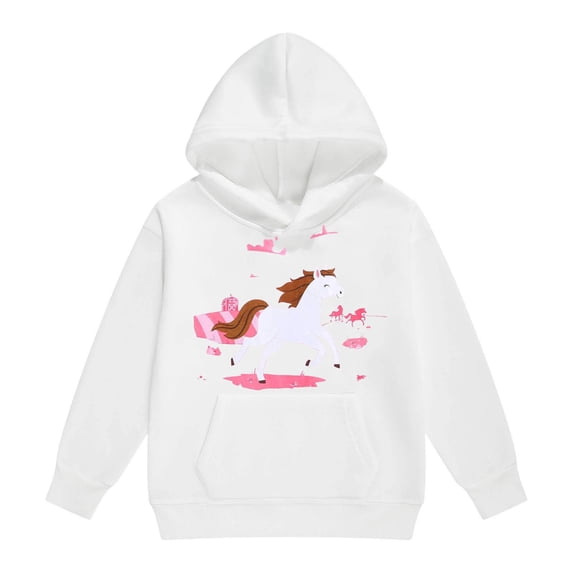 CAIXIA Girl Clothes,Girls Hoodies Sweatshirts Winter Warm Cartoon White Horse Print Kids Pullover Hoodie With Drawstring Pocket Long Sleeve Ranch Style,12-13 Years,White