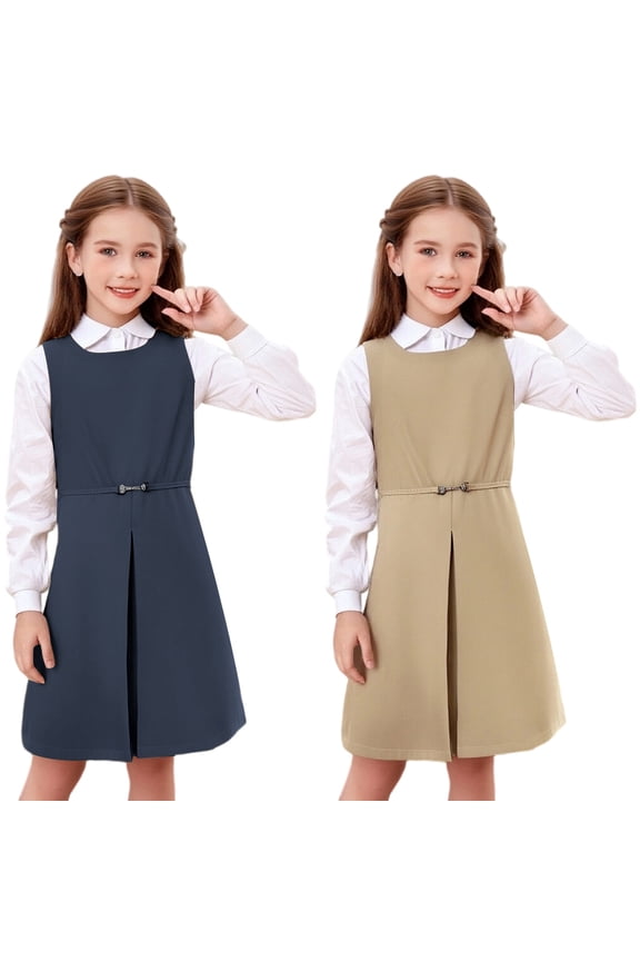 Girl School Uniform Ponte Knit Jumper Dress Cotton Back to School Sleeveless A-Line Dress