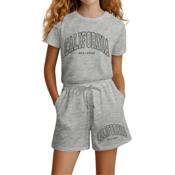 CAIXIA Girls 2 Piece Outfits Size 7/8 Girls Summer Casual Outfit Set Short Sleeve Graphic Tee with Pocket Shorts Comfortable Playwear,11-12 Years